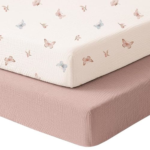 Konssy Muslin Mini Crib Sheets, 100% Soft Cotton Pack and Play Sheets for Pack N Play Mattress, Playard Baby Crib Sheets for Baby Girls(Taupe,Butterfly Dreams)