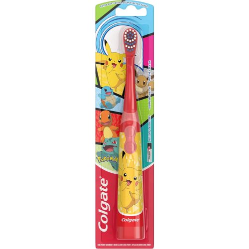 Colgate Kids Battery Powered Toothbrush, Kids Battery Toothbrush with Included AA Battery, Extra Soft Bristles, Flat-Laying Handle to Prevent Rolling, Pokemon Toothbrush, 1 Pack (Style May Vary)