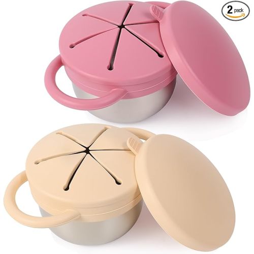 2 Pack Stainless Steel Spill Proof Snack Cup for Baby Toddlers Kids, with Silicone Food Catcher, Travel Lid, Spill-Proof Bowl Containers, Toddlers Essentials, Non Toxic BPA Free