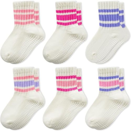 BONANGEL Baby Socks with Grips, 6 Pairs Combed Cotton Seamless Non Slip Crew Socks for Infant Toddler Girls Boys 0-5T