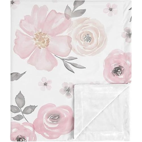 Sweet Jojo Designs Soft Baby Blanket (Pink/Grey Boho Floral) for Girls, Infant, Newborns, Toddler 30x36in - Stroller Swaddle Security Receiving Blankets Minky (Watercolor, Flower, Elegant, Farmhouse)