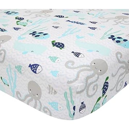 Lambs & Ivy Oceania 100% Cotton Fitted Crib Sheet - White with Blue Nautical/Aquatic Fish and Octopus