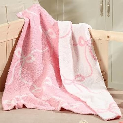 Pink Bow Blanket Fuzzythrow Blanket Cute Cozy Lightweight Throw for Bed Sofa Couch Chair Soft Home Decorations for Nursery Crib, Girls, 30 x 40 Inch