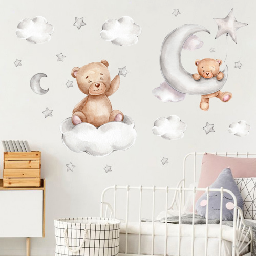 verlacod Set of 2 Cute Bear Moon and Stars Wall Stickers 45x30CM PVC Wall Art Cartoon Decoration for Kids Room Baby Room Nursery,Colorful