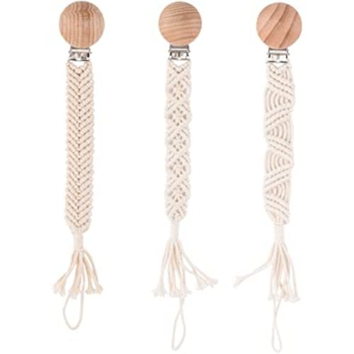 Pacifier Clip for Boys Girls Boho Handmade Braided Baby Pacifier Holder Leash Wooden Clips Cotton Unisex Baby Shower Birthday Gift Christmas Gift (Pattern 2)