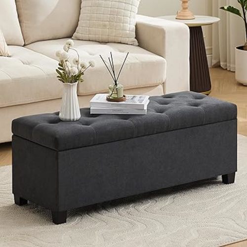 43’’ Storage Ottoman Bench, Linen Entryway Benches Load up to 660 Lb, Modern End of Bed Benches for Bedroom, Ottoman with Storage Bench for Living Room, Dark Gray