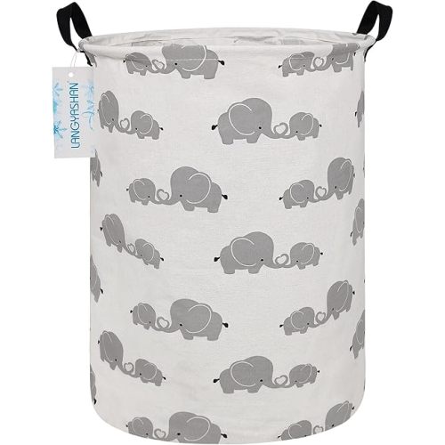 LANGYASHAN Storage Bin, Canvas Fabric Collapsible Organizer Basket for Laundry Hamper,Toy Bins,Gift Baskets, Bedroom, Clothes,Baby Nursery (Full Love Elephant)