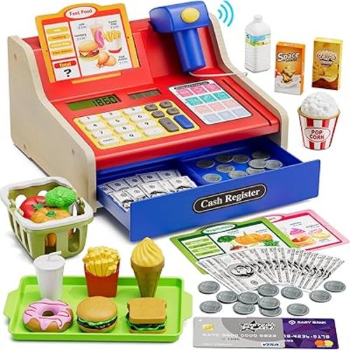 Wooden Cash Register for Kids with Real Calculator, Rechargeable Cash Register Toy with Scanner/Play Money/Food/Credit Card/Menu, Pretend Play Toys Gifts for Boys Girls Ages 3-8, Blue