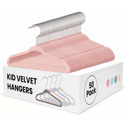 Kids Velvet Hangers 50 Pack, Non-Slip Baby Hanger for Infant & Toddler Clothes, 11 Inch Durable Children Hangers for Closet, Pink