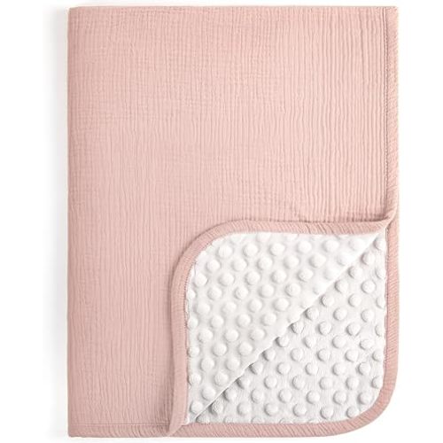 lulumoon Muslin Baby Blanket for Girls: Minky Dot Backing Thermal - Newborn Blanket for Baby Shower & Registry Gift 30"x40"(Pink)