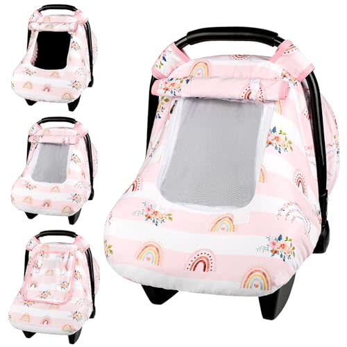 Pea Pod Winter Baby Car Seat Cover for Newborn, Warm Infant Car Seat Canopy Covers with 2 Layers Windows of Breathable Mesh/Fabric, Lightweight Polyester/Thick Minky Dot Backing (Floral & Rainbow)