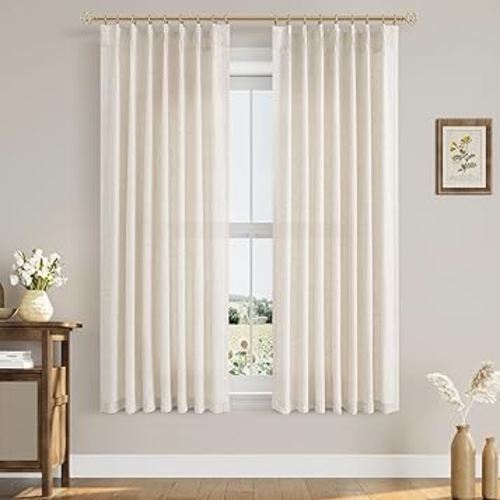 Natural Cream Linen Pinch Pleated Window Curtains 63 Inch Long Pinch Pleat Back Tab Light Filtering Drapes with Hooks Boho Farmhouse Decor Semi Sheer 63 Inch Curtain for Bedroom Living Room Kitchen