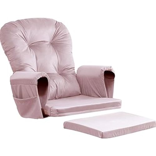 5PCS Glider Rocker Replacement Cushions Thick Soft Velvet Glider Cushions Replacement Set with Ottoman Cushion and Storage Pockets, Light Pink
