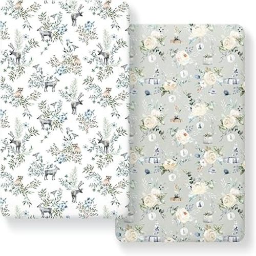 Stretch Ultra Soft Jersey Knit Fitted Crib Sheets Set 2 Pack, Universal Fit All Standard Crib Mattress Pads Safe and Snug, Crib Fitted Sheet for Boys and Girls, Stylish Print