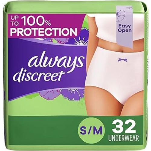 Always Discreet Adult Incontinence & Postpartum Incontinence Underwear for Women, Small/Medium, Maximum Protection, 32 Count (Packaging may vary)