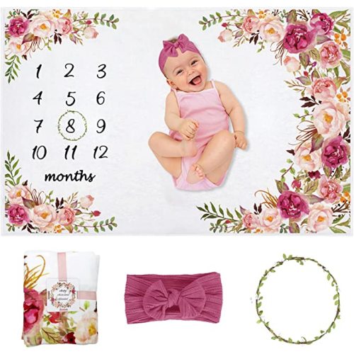 Baby Monthly Milestone Blanket Girl, Milestone Blanket for Baby Girl, Track Growth and Age, Newborn Shower Gifts for Mom, Includes Floral Wreath & Pink Bow Headband, 60" X 40"