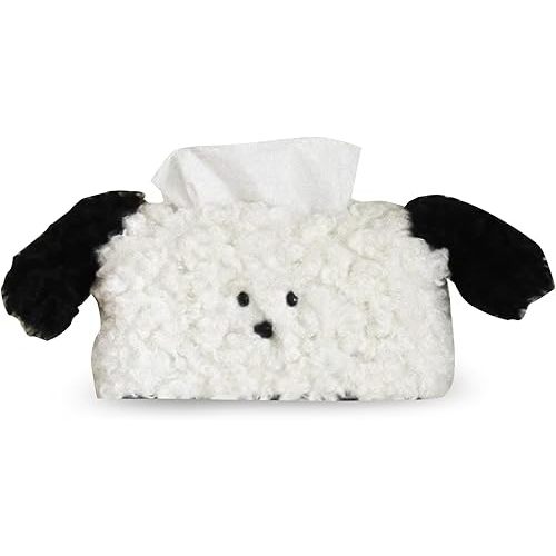 Plush Dog Tissue Box Cover 8"x6"x4" – Cute Fluffy Napkin Holder for Living Room, Coffee Table, Car, and Desktop Decoration (Black)