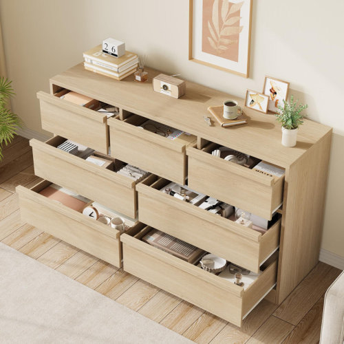 Ebern Designs 54 Inch Natural Oak 7-Drawer Wooden Dresser, Modern Wide Storage Chest of Drawers with Smooth Gliding Drawers & Anti-Tipping Device, Versatile Organizer for Bedroom, Living Room ,Natural Wood Color | Wayfair