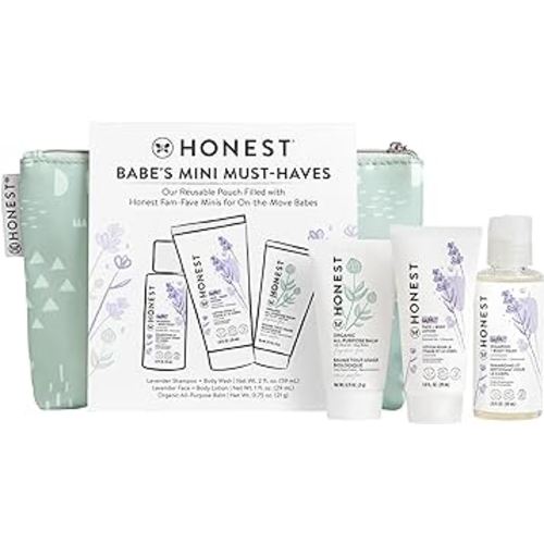 The Honest Company Babe's Mini Must Haves Gift Set | Travel Size Lavender Shampoo + Body Wash (2 fl oz), Face + Body Lotion (1 fl oz), Organic All Purpose Balm (.75 oz), Reusable Pouch
