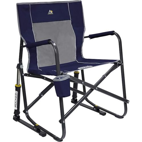 GCI OUTDOOR Freestyle Rocker Camping Chair | Portable Folding Rocking Chair with Solid, Durable Armrests, Drink Holder & Comfortable Backrest — Indigo Blue