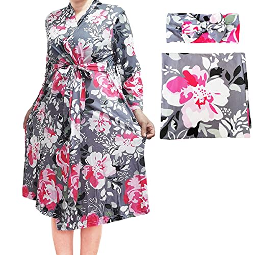 SUFEINI Maternity Robe and Matching Baby Swaddle Blanket Set, Mommy Robe with Receiving Blanket Girls Boys Sleepwear