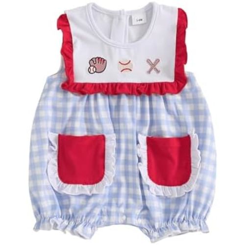 Omkzanbi Baby Girl Baseball Outfit Baseball Smocked Bubble Romper Blue Gingham Bodysuit Cute Newborn Spring Summer Jumpsuit