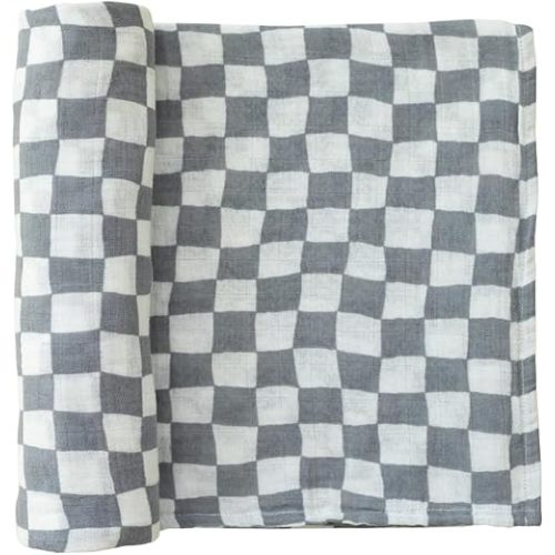 Mebie Baby Dusty Blue Wavy Checkered Muslin Swaddle, Modern and Neutral Swaddle Blanket for Baby Girl or Boy, Soft Baby Blankets, Newborn Swaddle Blanket, 0-3 Month, Comfy Wrap, Baby Essentials