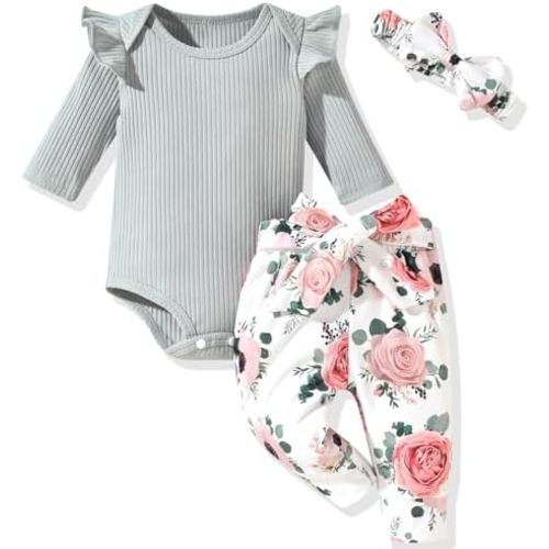 Aalizzwell Preemie Newborn Infant Baby Girls Clothes Ribbed Romper Bodysuit Pants Set Fall Winter Outfits