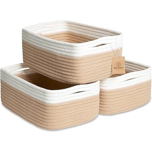 NaturalCozy 11.8"x8"x4.5” Storage Baskets for Shelves 3 Pack | Cotton Rope Woven Small Baskets for Organizing | Small Storage Bins for Nursery, Bathroom, Closet, Cube Shelf, Decorative, Gift Basket