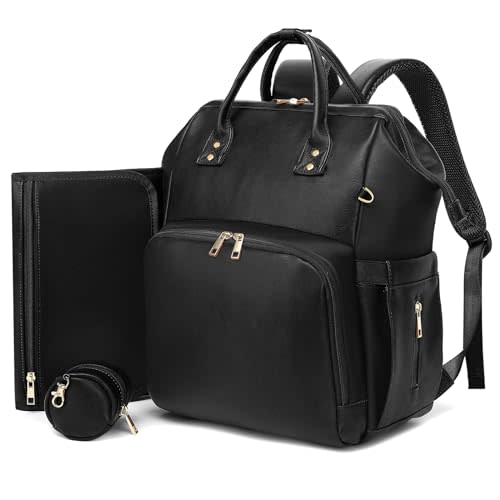 ROSEGIN Diaper Bag Backpack - Vegan Leather, Waterproof Travel Baby Bag with Changing Pad, Pacifier Case, Theft Pocket, 35L Large, Baby Shower Gifts for Mom and Dad, Black