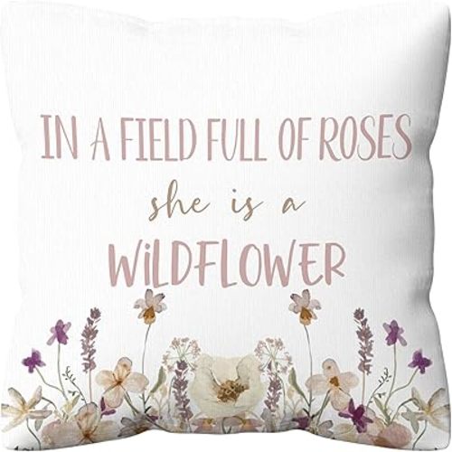 kdqua Baby Nursery Girls Room Pillow Covers 18x18, Motivational in a Field of Roses She is a Wildflower Throw Pillow Covers for Baby Girl Room Nursery Home Living Room Garden Decor