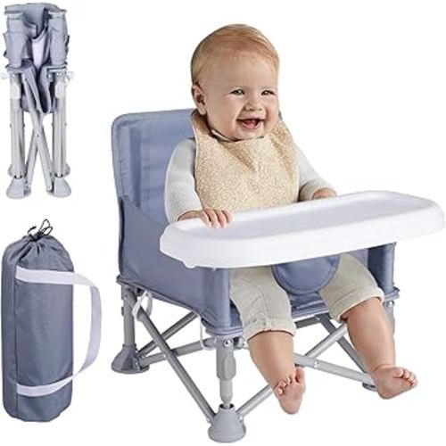 Furmubei Portable Baby Booster Seat with Tray, Toddler Booster seat for Dining, Camping, Travel, Baby Beach Chair 6 Months to 3 Years Old Indoor Outdoor Use Grey