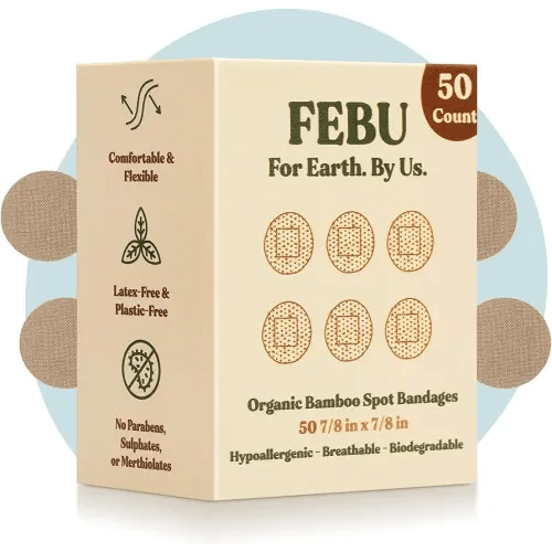 FEBU Eco-Friendly Organic Bamboo Fabric Bandages | Flexible and Gentle Latex Free Bandages | Natural Bandages for Scrapes, Cuts & First Aid | Fully Compostable | 50 Count Spot Bandages