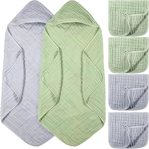 6 Pcs Baby Muslin Hooded Bath Towels and Washcloths Muslin Cotton Hooded Baby Towels Absorbent Blankets for Gift Newborn Infant Shower (32 x 32 Inch,Sage Green,Grey)