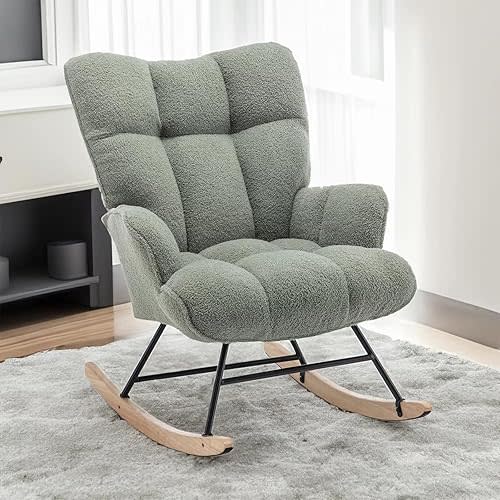 Rocking Chair Nursery Teddy, Upholstered Baby Fluffy Glider Rocker for Adults Small Spaces Indoor, Comfy Sherpa Compact Nursing Chairs, Green