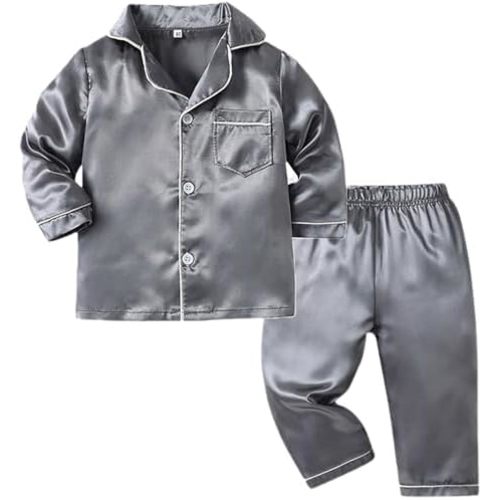 2-Piece Silk 𝐏ajamas Set for Kids Toddler Boy Girl Long Sleeve Satin 𝐒leepwear Button Down Shirt+Pants Baby Outfit