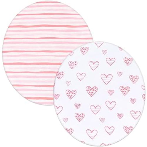 Bassinet Sheets Compatible with Fisher-Price On-The-Go Baby Dome, 2 Pack, 100% Jersey Knit Cotton Fitted Sheets, Breathable and Heavenly Soft, Pink Hearts and White Stars Print for Baby