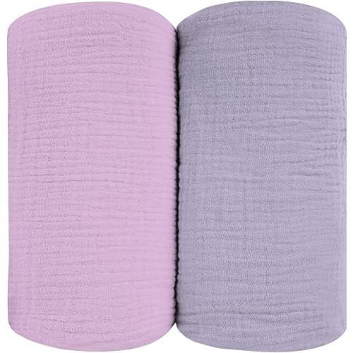 Muslin Swaddle Blankets for Baby, Large 47 x 47 Inches 2 Pack Set - Soft Breathable Cotton Wrap Burping Clothes Receiving Newborn Swaddle Blanket for Girl and Boy Nursery, Purple + Lavender