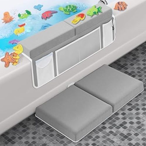 Supa Ant Baby Bath Kneeler and Elbow Rest Pad Set - The Only Certified Bathtub Kneeler with Built-in 5 Pockets Organizer - Bath Kneeling Pad for Bathing Baby with 8-Suction Cups (Gray)