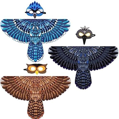 D.Q.Z Bird-Wings-Costumes for Kids with Bird Masks, 3 Pack Eagle Owl Wings for Boys Girls Halloween Dress Up Party Supplies