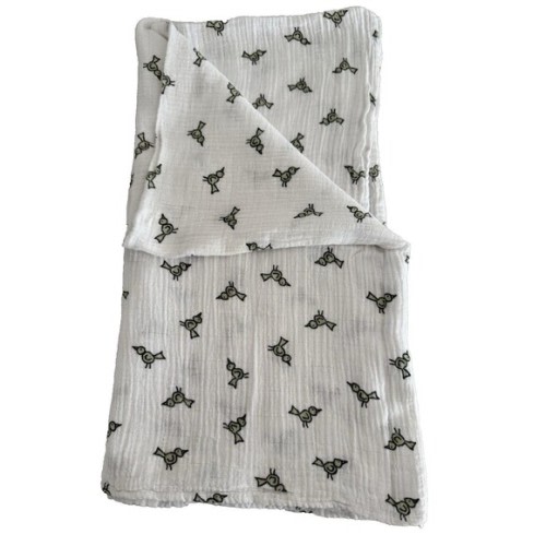 Aden & Anais White Baby Blanket With Green Birds Muslin Cotton Swaddle