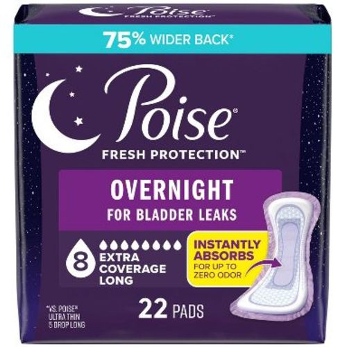Poise Overnight Incontinence Pads for Women - Ultimate Extra Coverage - 8 Drop - Extra Coverage - 22ct