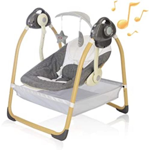 Baby Swings for Infants, Portable Swing for Baby with 6 Motions, Compact Baby Swing with Music, Sounds, Timing, Baby Rocker with 2 Toys, Plush Seat & Soft Head Support, Machine Washable Fabric (Grey)
