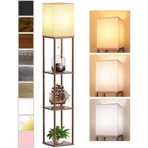 Floor Lamp with Shelves for Living Room Walnut Brown, Shelf Floor Lamp with 3 CCT LED Bulb, Corner Display Standing Column Lamp Etagere Organizer Tower Nightstand with White Linen Shade for Bedroom