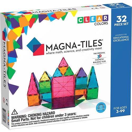 Magna-Tiles 32-Piece Clear Colors Set, The Original Magnetic Building Tiles For Creative Open-Ended Play, Educational Toys For Children Ages 3 Years +
