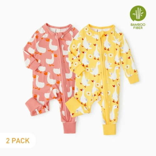PatPat Bamboo Baby Pajamas Baby Girl Gifts Snug Fit Zipper Long-Sleeved Baby Onesies Sleepwear,2Pack,0-24 Months
