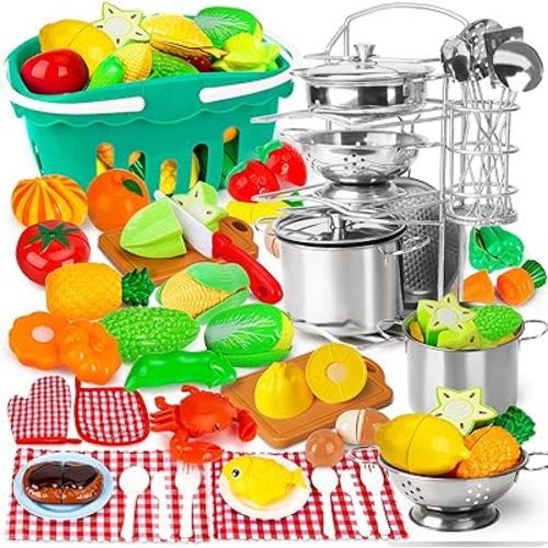 95PCS Kids Pretend Play Kitchen Toys Accessories: Stainless Steel Cookware Pots and Pans, Pretend Cutting Play Food Set