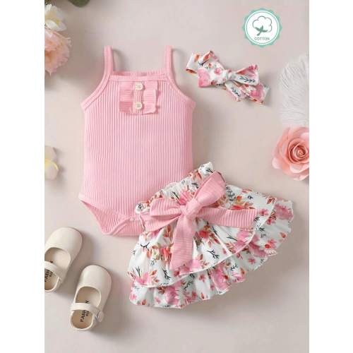 Summer Fashion 3pcs Baby Girl Headband + Solid Color Bodysuit + Flower Printed Waist Belt Skirt Set
