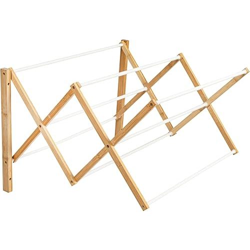 Bamboo and Metal Wall Mount Extendable Drying Rack, Compact Upscale Laundry Rack