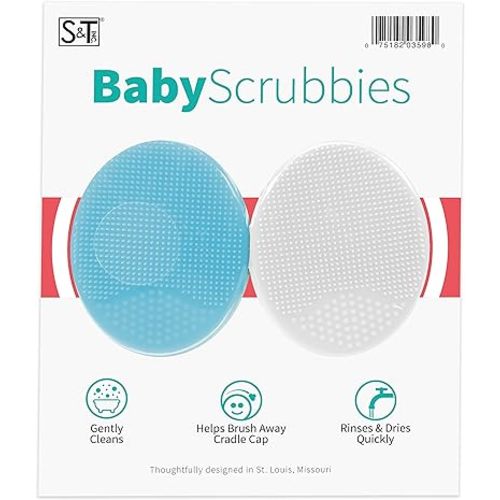 S&T INC. Exfoliating and Massaging Cradle Cap Bath Brushes for Baby, Silicone - 2 Inch x 2.5 Inch, Blue and White, 2 Pack